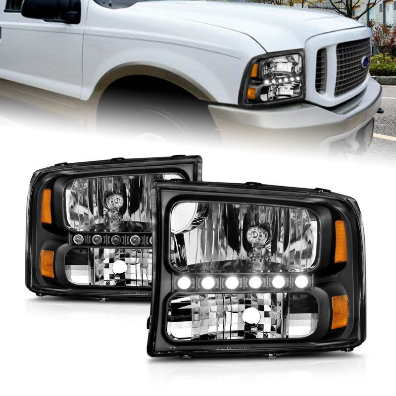 Faros delanteros de cristal ANZO 2000-2004 Ford Excursion con LED, color negro, 1 unidad