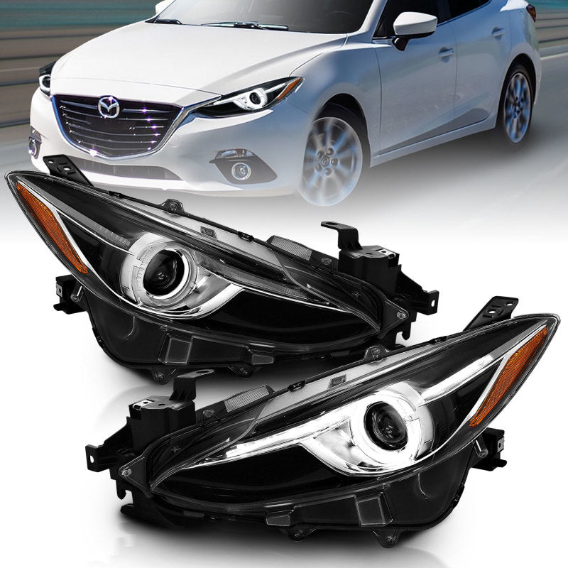 Faros delanteros con proyector ANZO con halo negro y ámbar para Mazda 3 2014-2017