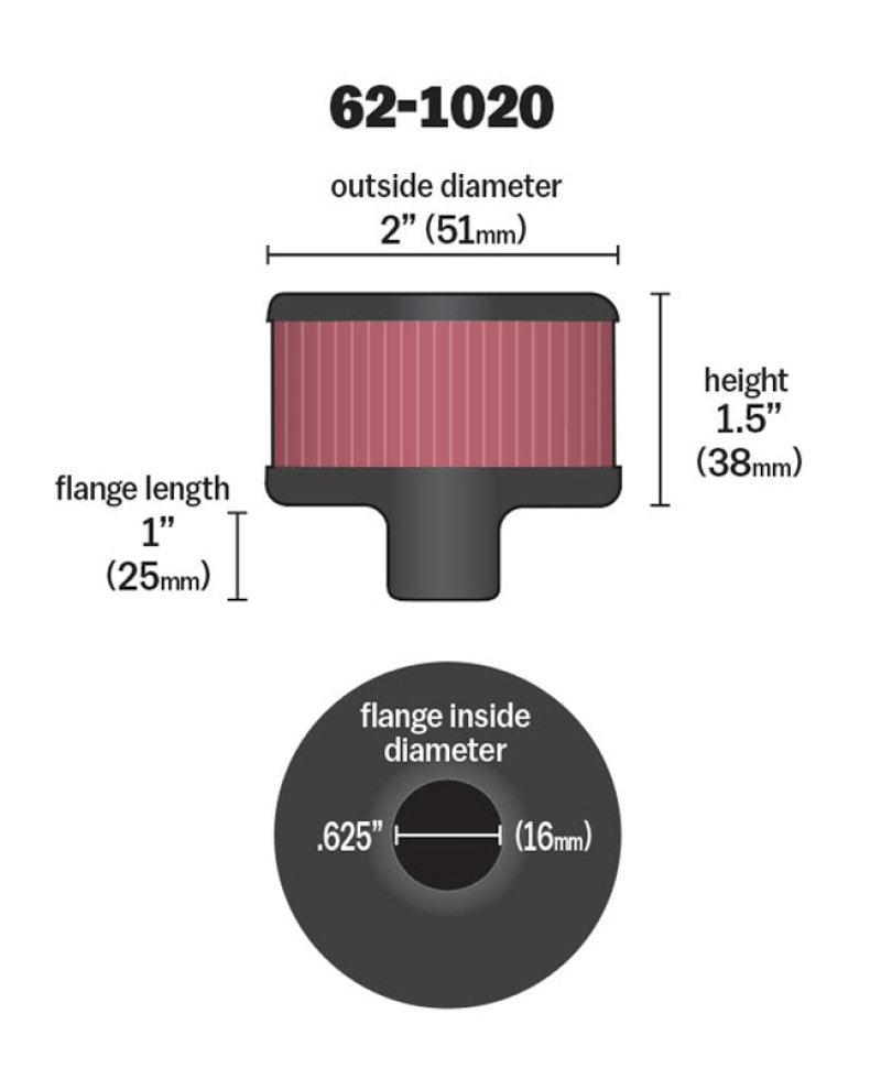 K&N 62-1020 Crankcase Vent Filter — .625in Vent, 2in OD, 1.5in Height, Rubber Top