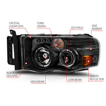 Cargar imagen en el visor de la galería, ANZO 2002-2005 Dodge Ram 1500 Projector Headlights w/ Halo Black Clear Amber