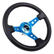 Cargar imagen en el visor de la galería, NRG Reinforced Steering Wheel (350mm / 3in. Deep) Blk Leather w/Blue Circle Cutout Spokes