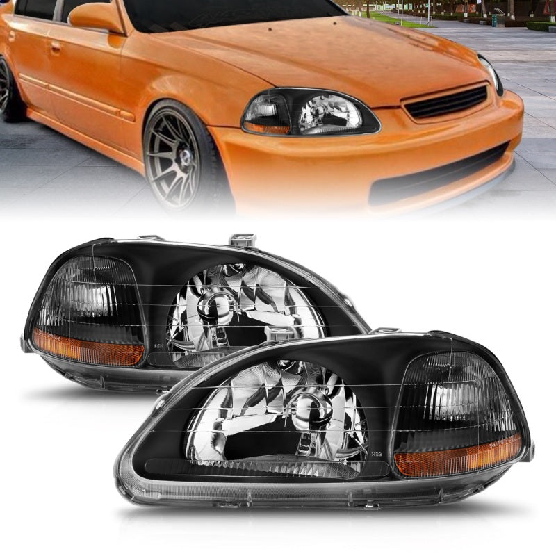 Faros delanteros de cristal ANZO para Honda Civic 1996-1998, color negro