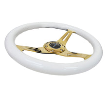 Cargar imagen en el visor de la galería, NRG Classic Wood Grain Steering Wheel (350mm) White Grip w/Chrome Gold 3-Spoke Center