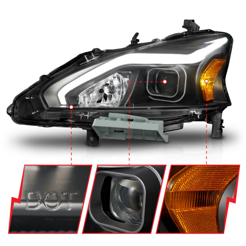 Faros delanteros de proyector ANZO 13-15 Nissan Altima (sin bombillas HID de fábrica) con carcasa negra y barra de luces