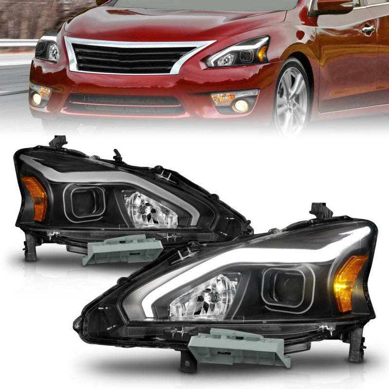 Faros delanteros de proyector ANZO 13-15 Nissan Altima (sin bombillas HID de fábrica) con carcasa negra y barra de luces