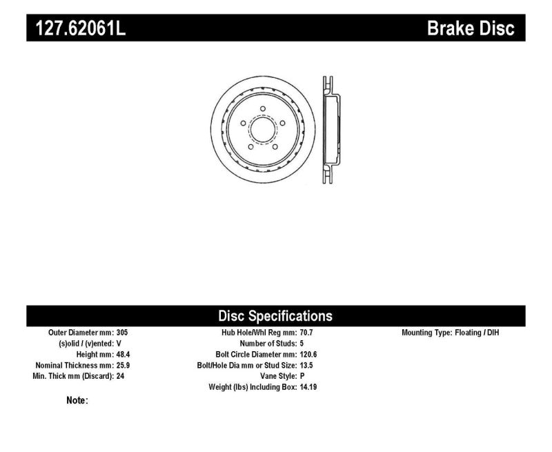 StopTech 127.62061L Slotted & Drilled Rear Left Rotor — 97-10 Chevy Corvette