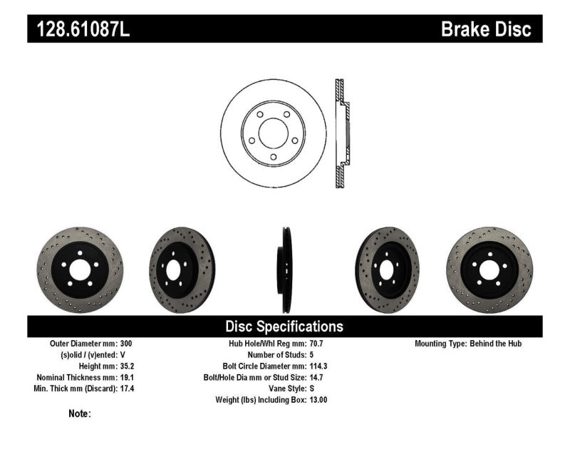 StopTech 05-10 Ford Mustang V6/4.0L / GT V8/4.6L Cross Drilled Left Rear Rotor