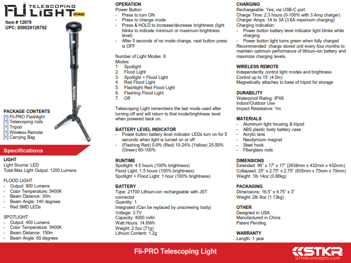STKR FLI-PRO Telescoping Light 8' with Removable Flashlight (12679)