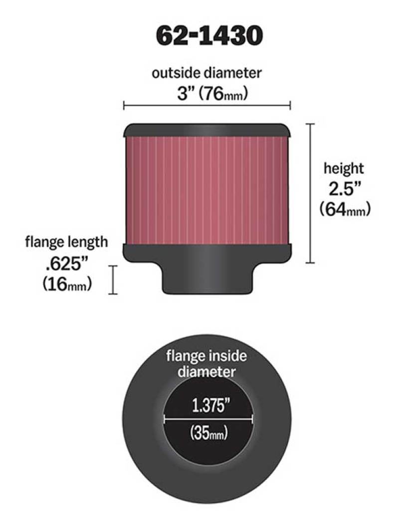 K&N 62-1430 Crankcase Vent Filter — 1.375in Flange ID x 3in OD x 2.5in H Cotton Gauze