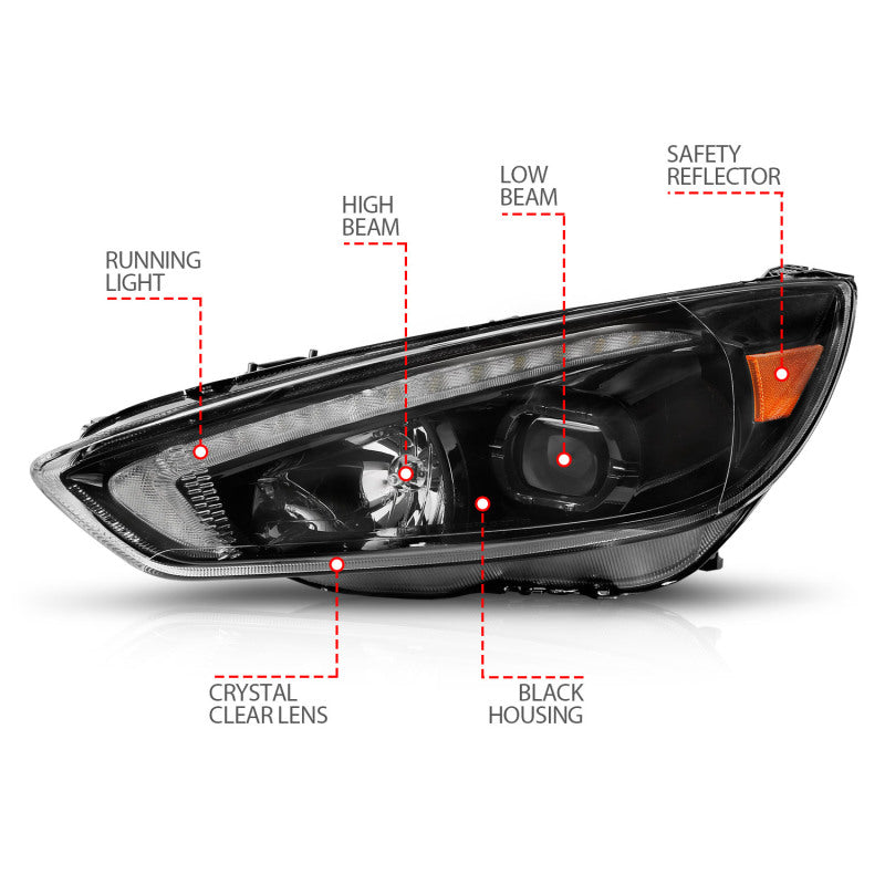 Faros delanteros tipo proyector ANZO 15-18 Ford Focus con barra de luces y carcasa negra conmutada