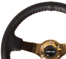 Cargar imagen en el visor de la galería, NRG Reinforced Steering Wheel (350mm / 3in. Deep) Blk Leather/Red BBall Stitch w/4mm Gold Spokes