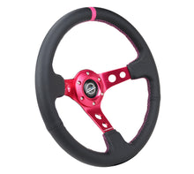 Cargar imagen en el visor de la galería, NRG Reinforced Steering Wheel (350mm/3in. Deep) Black Leather/ Fushia Center Mark/ Fushia Stitching