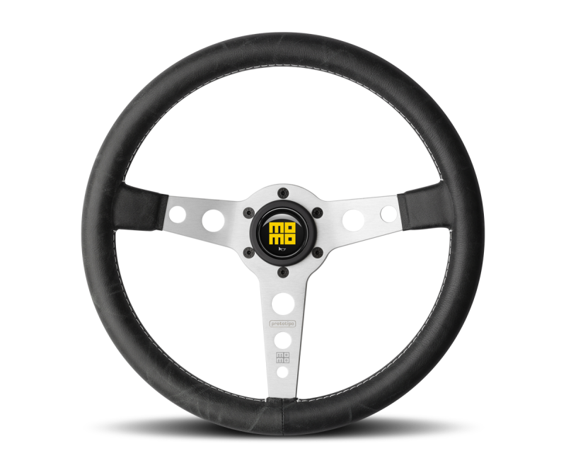 Momo Prototipo Steering Wheel 350 mm - Black Leather/White Stitch/Brshd Spokes