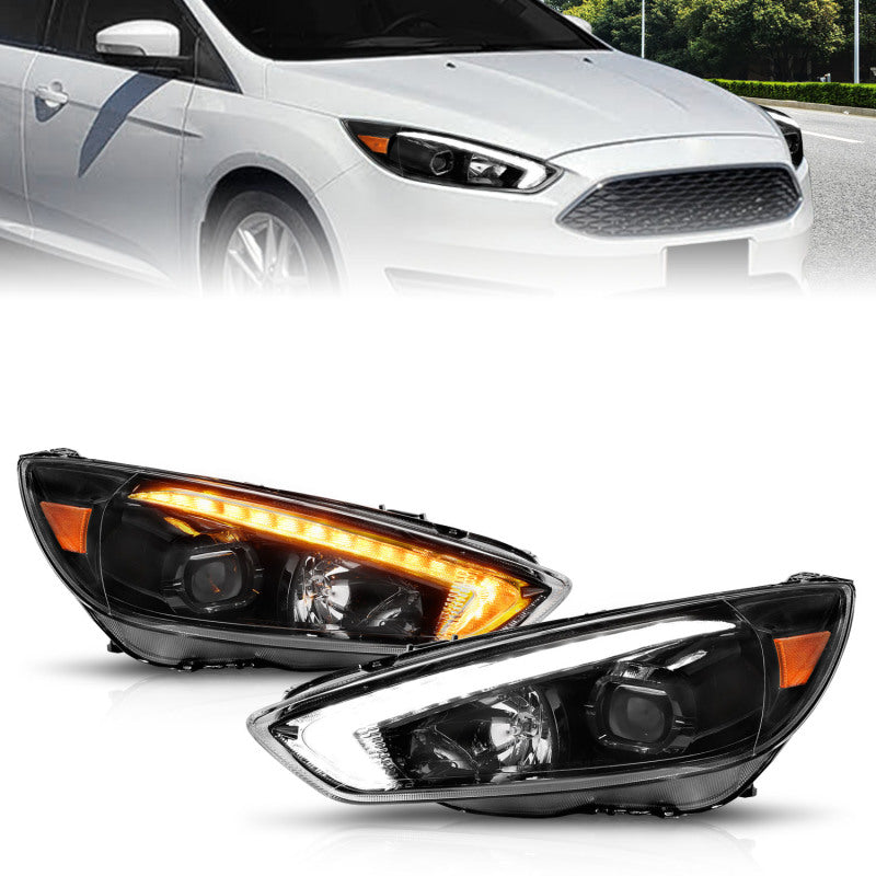 Faros delanteros tipo proyector ANZO 15-18 Ford Focus con barra de luces y carcasa negra conmutada