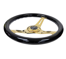 Cargar imagen en el visor de la galería, NRG Classic Wood Grain Steering Wheel (350mm) Black Grip w/Chrome Gold 3-Spoke Center