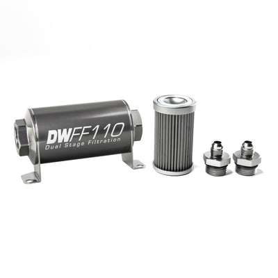 DeatschWerks Stainless Steel -6AN 40 Micron Inline Fuel Filter Housing Kit — Universal Fitment