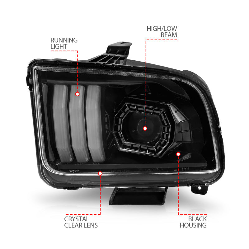 Faros delanteros con proyector ANZO 05-09 Ford Mustang (solo con halógeno de fábrica HL) con carcasa negra y barra de luces