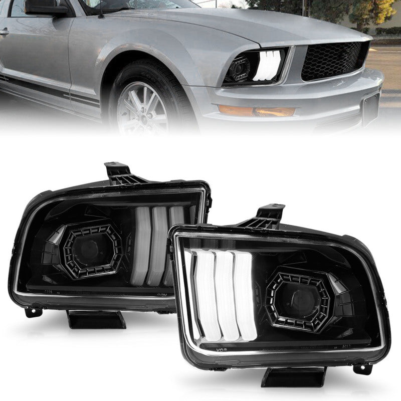 Faros delanteros con proyector ANZO 05-09 Ford Mustang (solo con halógeno de fábrica HL) con carcasa negra y barra de luces