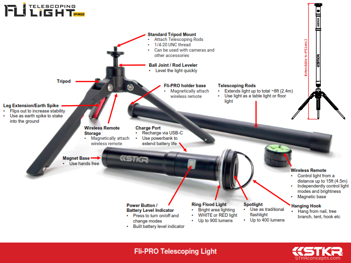 STKR FLI-PRO Telescoping Light 8' with Removable Flashlight (12679)