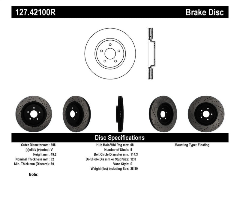 Rotor delantero derecho ranurado y perforado SportStop para Infiniti G37 / Nissan 370Z de StopTech