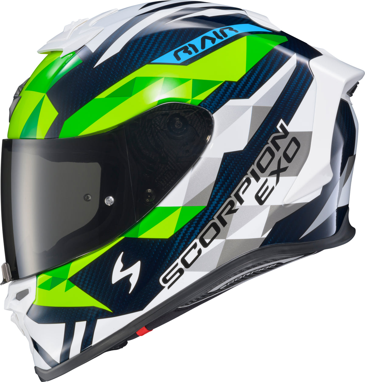 Scorpion EXO EXO-R1 AIR Full Face Helmet Carbon Rastor WHT/GRN/Blue LG (R1C-2105)