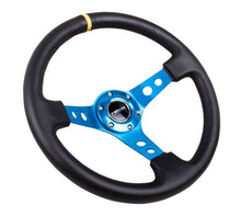 Cargar imagen en el visor de la galería, NRG Reinforced Steering Wheel (350mm / 3in. Deep) Blk Leather w/Blue Cutout Spoke &amp; Single Yellow CM