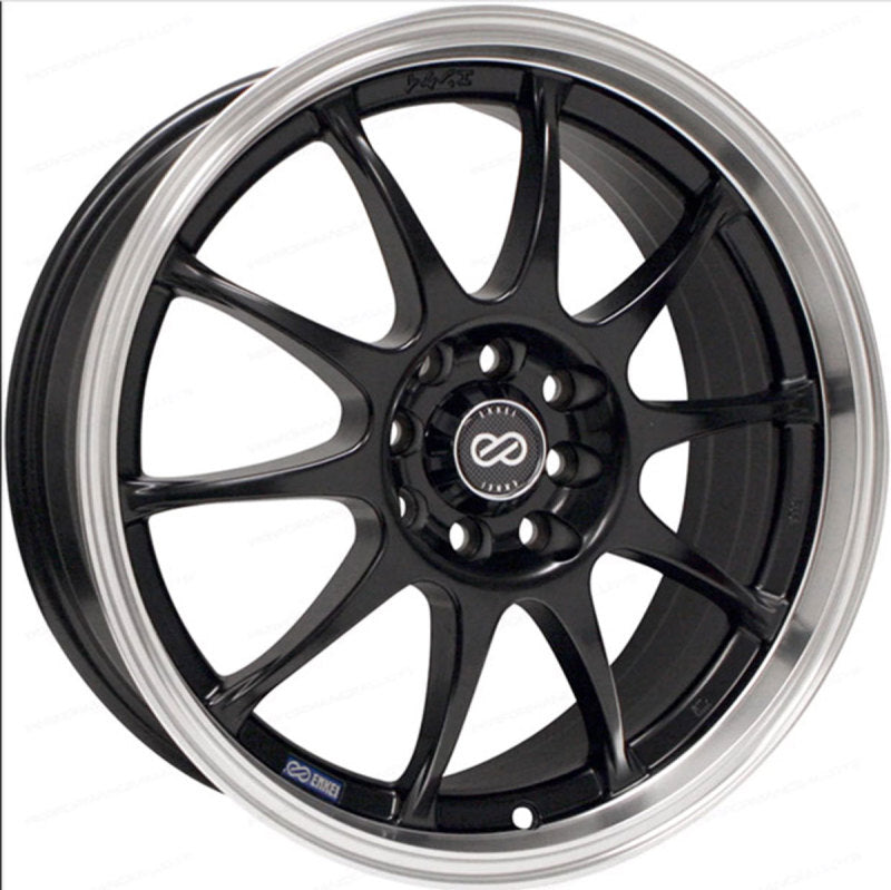 Rueda Enkei J10 15x6.5 4x100/114.3 38 mm de desplazamiento, diámetro interior de 72.62 mm, color negro mate con borde mecanizado