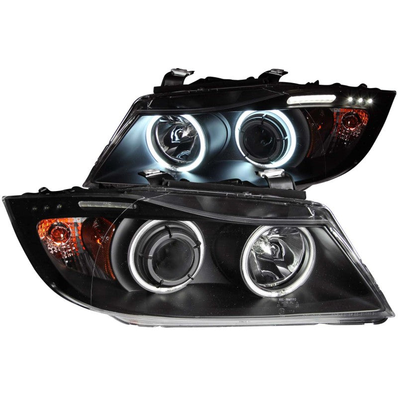 Faros delanteros con proyector ANZO 2006-2008 BMW Serie 3 E90-E91 con halo y barra LED negra (CCFL)