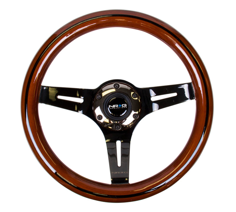 Volante NRG Classic Wood Grain (310 mm), incrustaciones de madera oscura y línea negra con centro de 3 radios cromado negro.