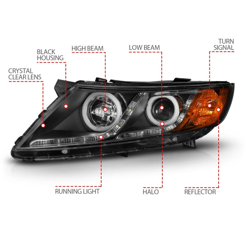 Faros delanteros con proyector ANZO 2011-2013 Kia Optima con Halo negro (CCFL)