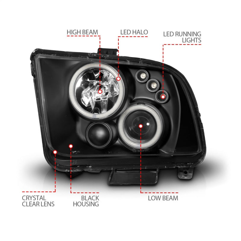 Faros delanteros con proyector ANZO 2005-2009 Ford Mustang con Halo negro