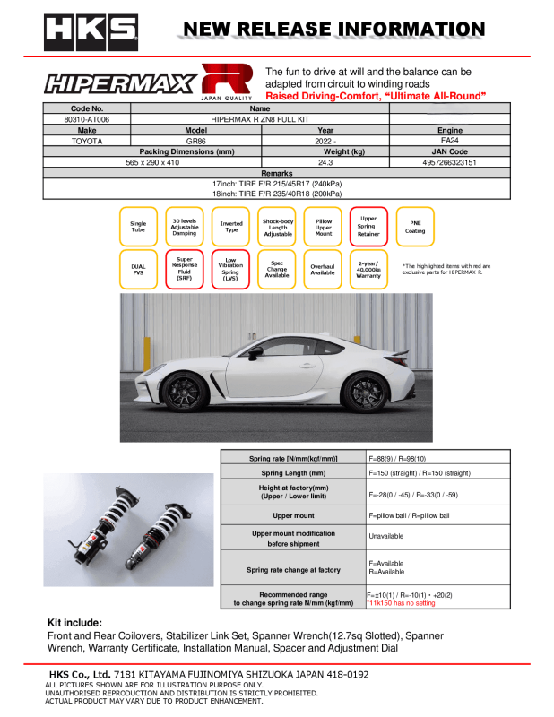 HKS Hipermax R Coilover Kit — Fits 2022-2024 Toyota GR86 ZN8