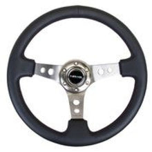 Cargar imagen en el visor de la galería, NRG Reinforced Steering Wheel (350mm / 3in. Deep) Blk Leather w/Gunmetal Circle Cutout Spokes