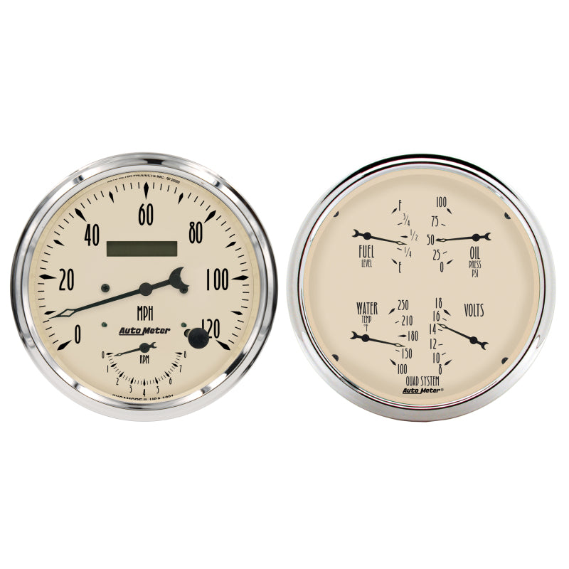 AutoMeter Antique Beige Quad & Tach/Speedo 5in. Gauge Set - 2 Pc.