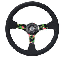 Cargar imagen en el visor de la galería, NRG Reinforced Steering Wheel (350mm / 3in. Deep) Black Suede w/ 5mm Floral 3-Spoke Center