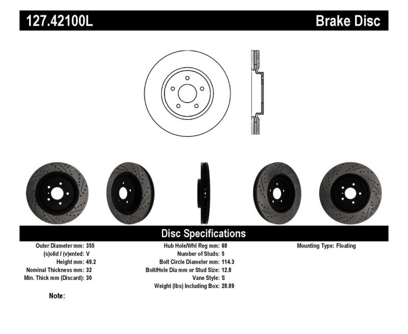 Rotor delantero izquierdo ranurado y perforado SportStop para Infiniti G37 / Nissan 370Z de StopTech