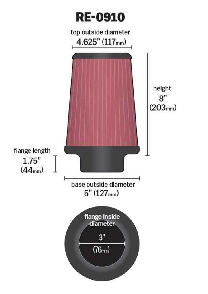 K&N Universal Rubber Filter 3inch FLG / 5inch OD-B / 4-5/8inch OD-T / 8inch H