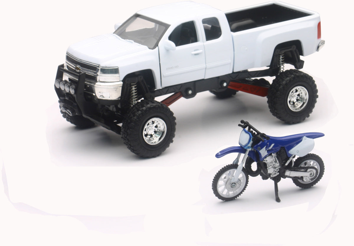 NEW-RAY Replica 1:43 Truck/Race Bike Chevy White/Yamaha Bike Blue (SS-54416)