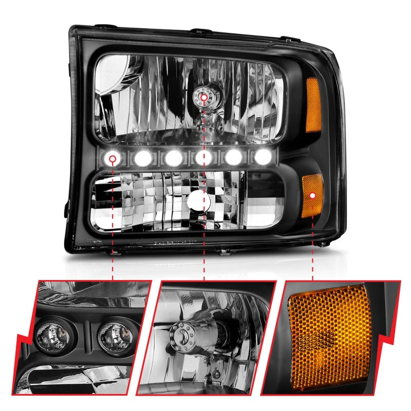 Faros delanteros de cristal ANZO 2000-2004 Ford Excursion con LED, color negro, 1 unidad