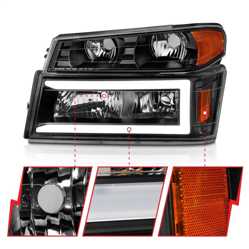 ANZO 04-12 GM Colorado/Canyon/I-Series Crystal Headlights - w/ Light Bar Black Housing 4pcs