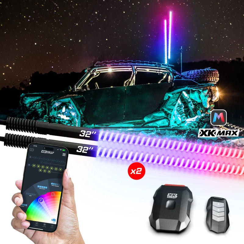 XKGLOW XKmax RGBW Advanced App Control LED Whip Light Kit 2x32" — 4x4 Offroad UTV ATV