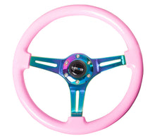 Cargar imagen en el visor de la galería, NRG Classic Wood Grain Steering Wheel (350mm) Solid Pink Painted Grip w/Neochrome 3-Spoke Center