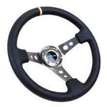 Cargar imagen en el visor de la galería, NRG Reinforced Steering Wheel (350mm / 3in. Deep) Blk Leather w/Gunmetal Cutout Spoke &amp; Yellow CM