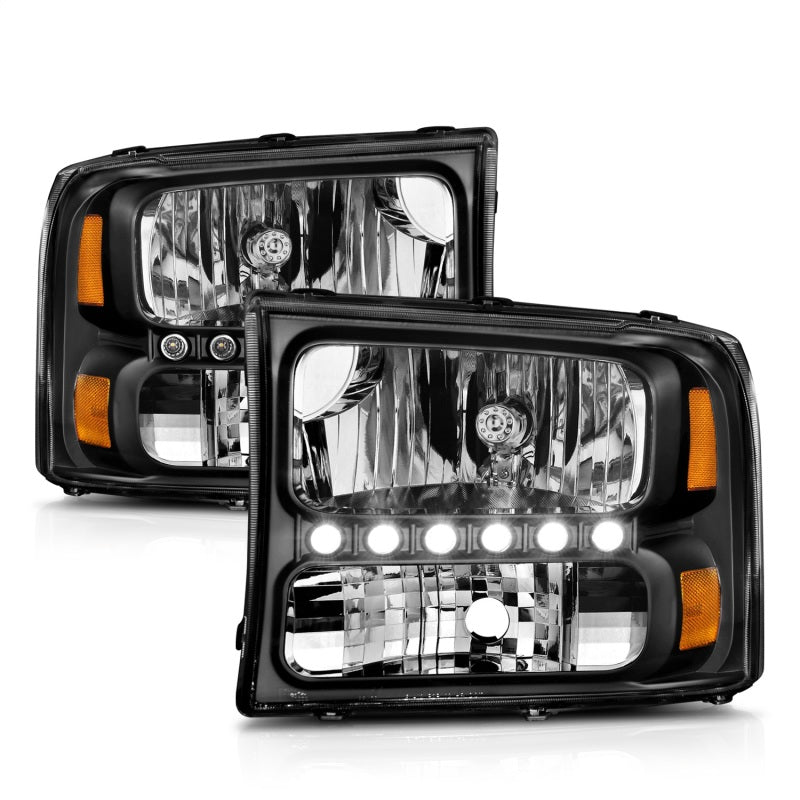 Faros delanteros de cristal ANZO 2000-2004 Ford Excursion con LED, color negro, 1 unidad