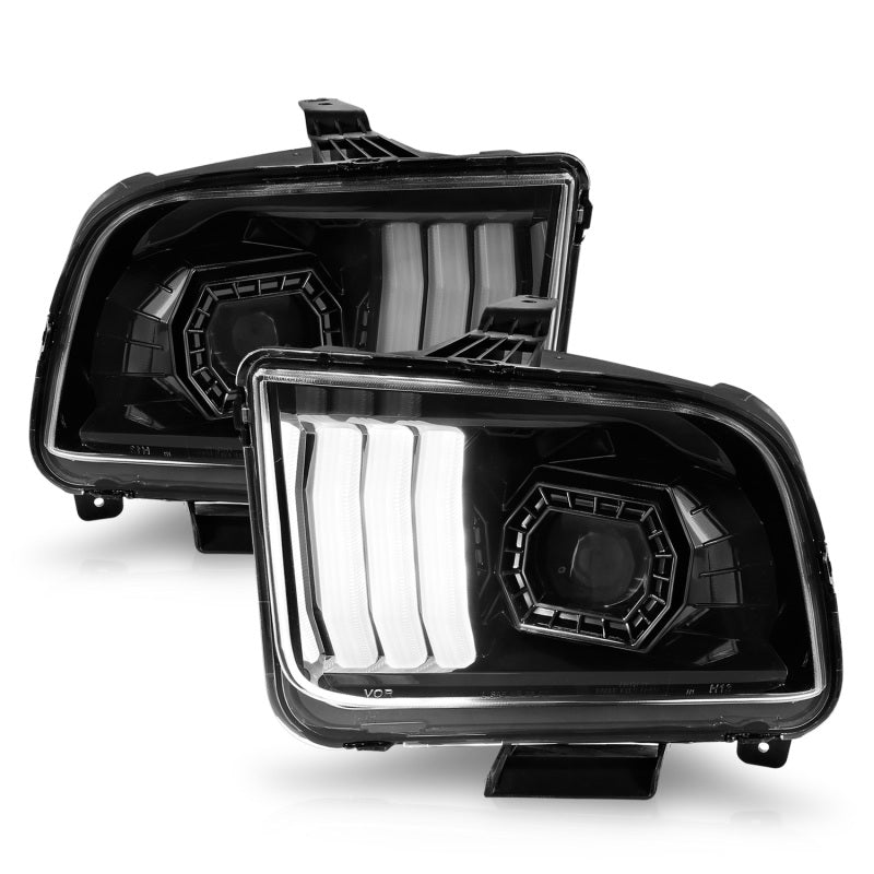 Faros delanteros con proyector ANZO 05-09 Ford Mustang (solo con halógeno de fábrica HL) con carcasa negra y barra de luces