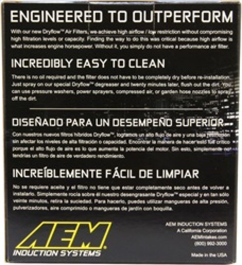 AEM Dryflow Air Filter 4 inch Short Neck 5 inch Element