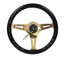 Cargar imagen en el visor de la galería, NRG Classic Wood Grain Steering Wheel (350mm) Black Grip w/Chrome Gold 3-Spoke Center