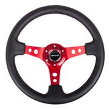 Cargar imagen en el visor de la galería, NRG Reinforced Steering Wheel (350mm / 3in. Deep) Blk Leather w/Red Circle Cutout Spokes