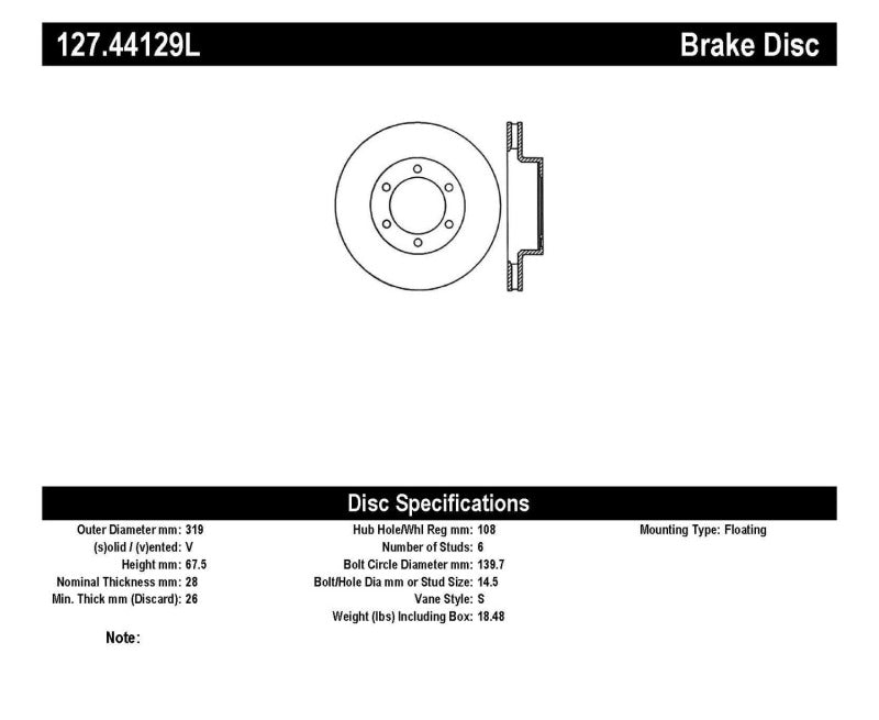 StopTech 07-08 Toyota FJ Cruiser / 05-08 Tacoma (6 pernos) / 03-08 4 Runner (disco de 319 mm) SportStop Slo