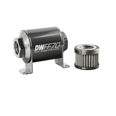 DeatschWerks 8AN 100 Micron Inline Fuel Filter Housing Kit — 70mm Stainless